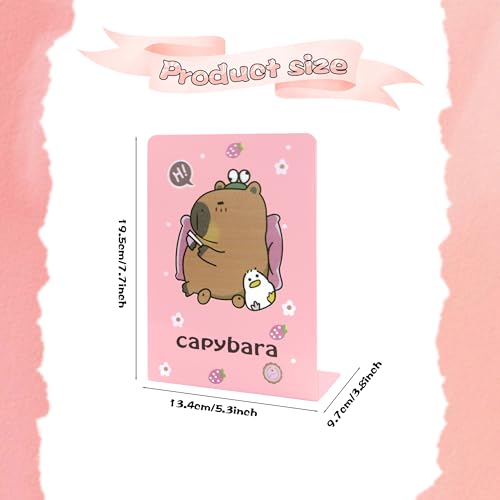 Capybara Bookends Pink, L-Shaped Cute Animal Bookend Holder for Shelves, Kawaii Desk Decor for Kids Room, Girls Bedroom, Office and School Supplies (1 Pair)