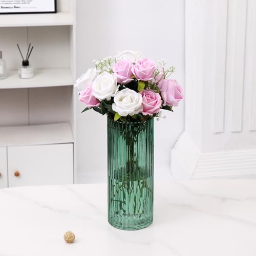 Green Glass Vase, Glass Flower Vase, Ribbed Glass Vase, Green Vase, Tall Cylinder Glass Vases for Centerpieces, Living Room, Bedroom, Dining Table, Office, Wedding, Bookshelf, 12 Inches - color: Green, size: 12''