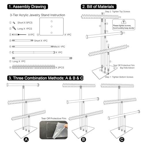lengnoyp Premium Jewelry Stand, Earring Holder, Necklace Holder Stand, Clear 3-Tier Acrylic Large Storage Jewelry Organizer Stand & Bracelet/Bangles Stand, 48 Earring Holes Display Stands - size: 3-Tier