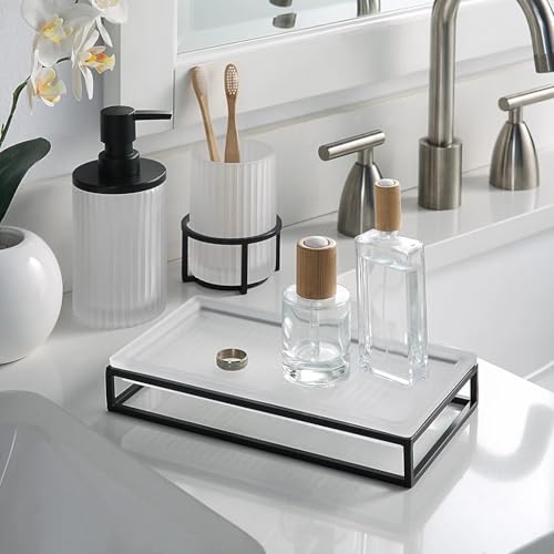 Ribbed Glass and Metal Tray – Frosted White with Black Accents, Modern Minimalist Storage