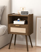 Veegle Nightstand,Modern Bedside Table with Storage Drawer and Open Wood Shelf, Accent Night Stand with Solid Wood Legs for Living Room, Bedroom and Small Spaces,Easy Assembly (Walnut Brown-Rattan) - color: Walnut Brown-rattan
