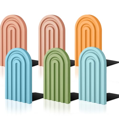 JarThenaAMCS 6Pcs Boho Arch Wood Bookends Colorful Book Stand Non Skid Decorative Rainbow Book Ends for Holding Books Movies CDs