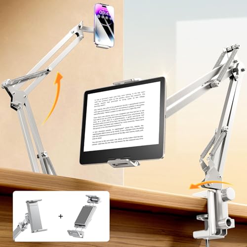 LISEN Tablet Stand iPad Stand for Desk Mount [Ultra Sturdy 2 Clamps] Kindle iPad Holder for Bed Gooseneck Phone Tablet Holder Mount fits iPhone Kindle 4-13" Device (White) - color: White