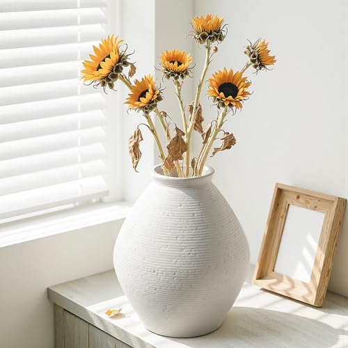 12” Ceramic Distressed Vase Handcrafted Rustic Neutral Decorative Floor Vases Home Decor Accent for Living Room, Dining Table, Entryway or Shelf Styling - size: 12 inch-Round
