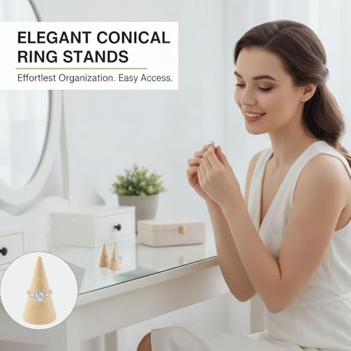 Natural Wood Ring Display Cones, 10 Pack Vertical Jewelry Holder Stands, DIY Craft Finger Ring Organizer