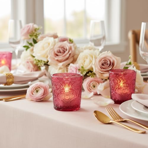 6 Pack Mandala Embossed Glass Candle Holders – Votive Tealight Holders with Patent Design, Decorative Embossed Glass Cups for Wedding Centerpieces, Parties, and Home Décor (Wildberry Red) - color: Wildberry Red