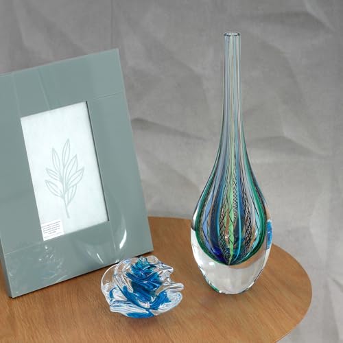 Ca D Oro Small Drop Glass Vase Boho with Blue/Green Canes Hand Blown Murano-Style Art Glass - Model Tall - color: Blue