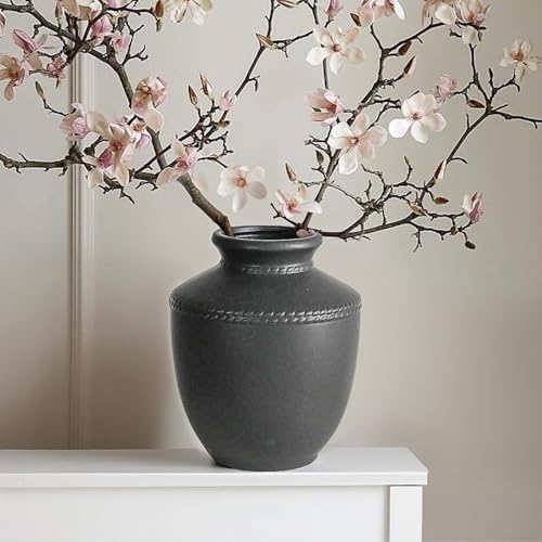 Farmhouse Ceramic Vase for Living Room Bedroom Black 7.45'' Flower Bouquet Vase for Fake Plant Home Decor Office Fireplace Centerpieces Rustic Retro Vintage Modern Gift Decoration - color: Black