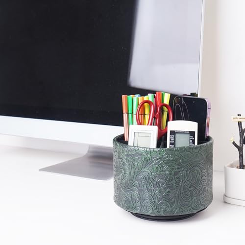 lizimandu Round Leather Art Supply Organizer,Remote Control Holder,360 Degree Spinning,Multi-Functional Pencil Holder,4 Compartments Desktop Stationary Organizer(1-Carved Metal Green1) - color: 1-Carved Metal Green1