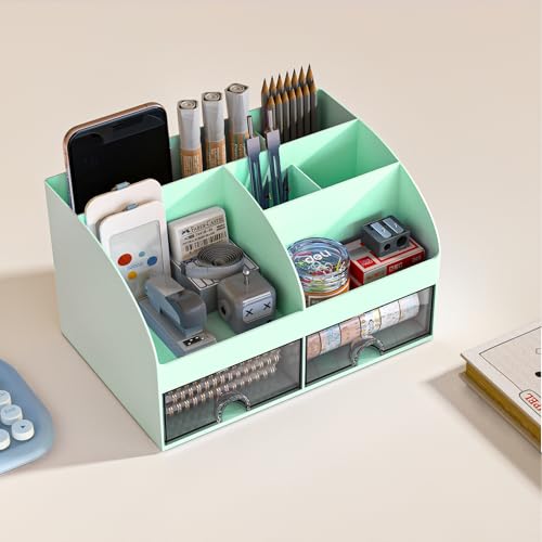 COMFYROOM Desk Organizer with 6 Compartments and 2 Drawers, Plastic Makeup Organizer, Pen Holder for Desktop Storage, Desk Organization for School, Home, Office Supplies (Mint Green) - color: Mint Green