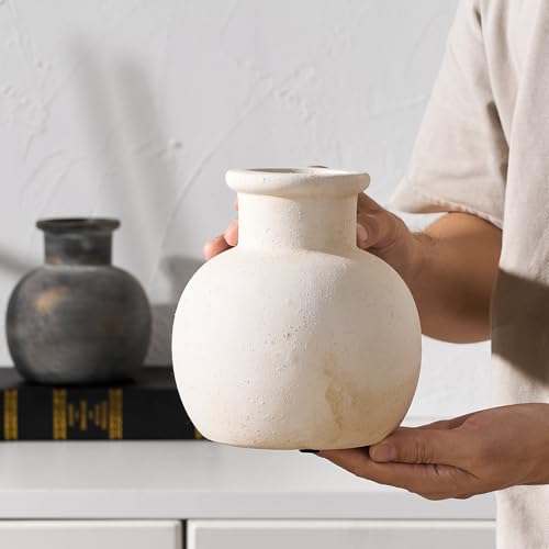 SIDUCAL Ceramic Rustic Farmhouse Vase | 6 Inch Pottery Decorative Boho Flower Vase for Home Decor, Table, Living Room, Bathroom Decoration, Shelf Decor, Mantel, Wedding, White - color: 18795-white