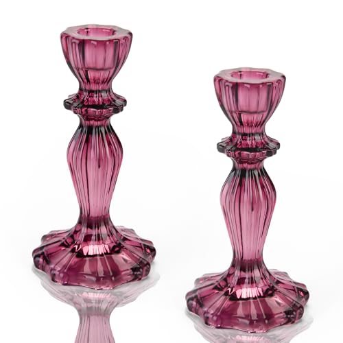 Glass Candle Holders, 2PCS Wide Base Candlestick Holder Decorative Candle Stand Table Centerpieces for Halloween Christmas Wedding Birthday Party, Dark Purple - color: Dark Purple
