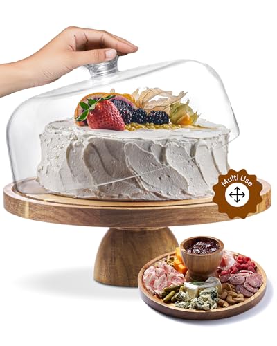HOMESPHERE Acacia Wood Cake Stand with Lid - Cake Stand with Dome,12in Round Cake Holder, 2-in-1 Dessert Table Display Set & Charcuterie Board for Cheese, Chips & Dips, Fruit Platter, Large Acrylic Cake Dome Cover - color: Classic Dome