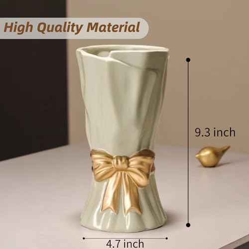 Green Bow Vase for Home Decor, 9.3 Inch Avocado Color for Boho Style, Sage Large Green Flower Vase for Ideal Shelf Decor/Table/Living Room. ﻿ - color: Green