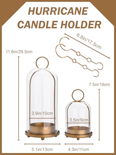 Metal Candle Holder with Handmade Glass Dome in Brass, 5" & 4" Wide Versatile Hurricane Glass Candle Holders Set of 2, for Pillar Candles & Plants (Brass)