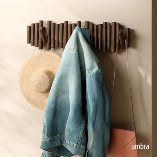 Umbra Picket Coat Rack with 8 Hooks – Walnut Wall-Mounted Coat Rack with Flip-Down Wooden Hooks, Real Pine Wood Decorative Wall Storage for Jackets, Hats, Scarves, Bags, Entryway, Bedroom Living Room - color: Walnut, size: 8-Hook