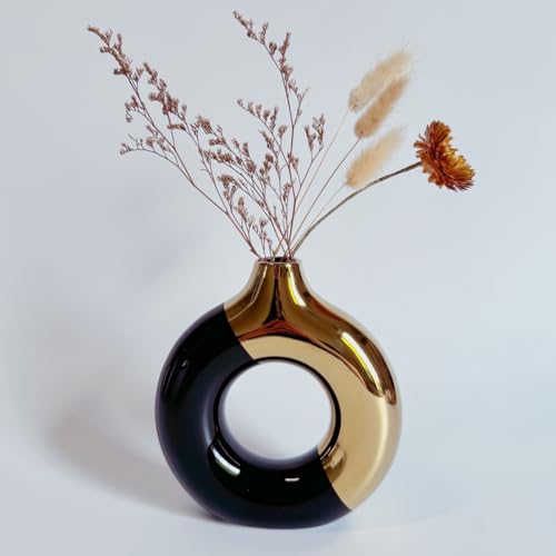 White and Gold Donut Vase, Modern Ceramic Vase for Pampas Grass, Perfect Centerpiece for Weddings, Living Room, and Office Decor (Black Gold, S) - color: Black Gold, size: Small