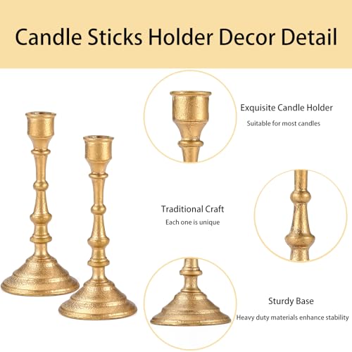 Gold Taper Candle Holders Set of 2, Heavy Candlestick Holders Decorative Candle Stand for Table Centerpiece, Cast Iron Gold Candle Sticks Decor - color: Antiqued Gold 1