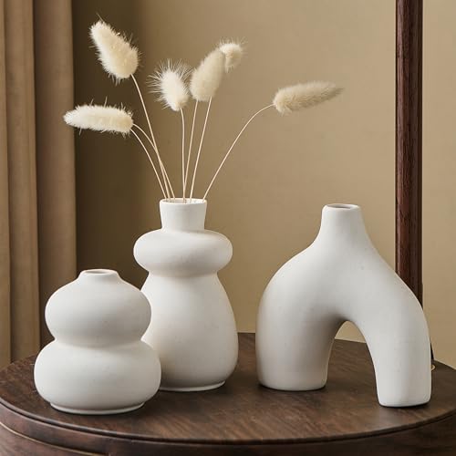 White Ceramic Vase Set of 3 Small Flower Vases for Home Decor, Modern BohoVase for Pampas Grass, Round Decorative Vases Table Centerpieces for Wedding Living Room Shelf Coffee Table (White Vase - B) - color: White Vase - B