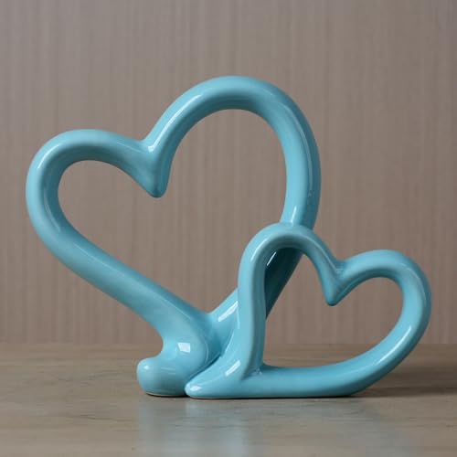 HAUCOZE Double Heart Statue Figurine Love Gifts Decor Modern Sculpture Bookshelf Arts Table Centerpiece Statue Ceramic Crafts 9.5 inch