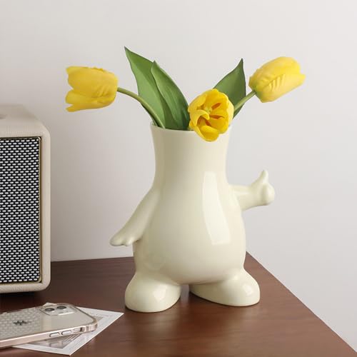 8 Inch Glossy Cute Ceramic Tulip Flower Vase for Building Block Flowers Bouquet, Beige Funky Living Room Flower Vase Decor, Unique Gifts for Men and Women, Jarrones Blancos para Flores