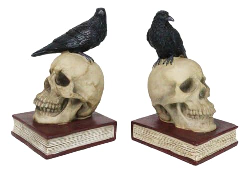 Ebros Edgar Allan Poe Harbinger of Doom and Bad Omens Raven Crow Perching On Skull with Ancient Book Pair of Bookends Statue 7.5" Tall Bibliography Gothic Macabre Ossuary Figurine As Halloween Decor
