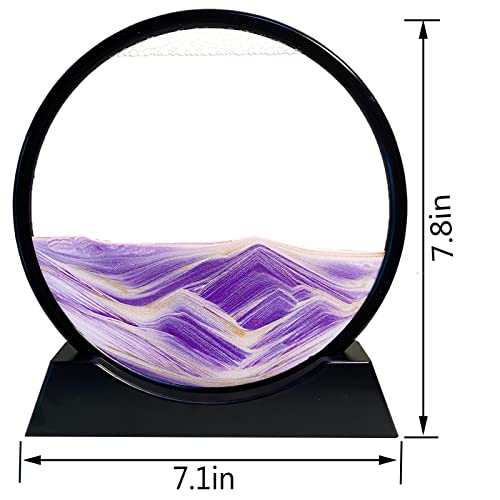 HYUGF Moving Sand Art Picture Decor, 3D Deep Sea Sandscape Liquid Motion, Round Glass Frame Display Flowing Sand Relaxing Gift for Kids Adults Home Office Work Desktop Decoration Toy (Purple, 7") - color: Purple, size: 7 inches