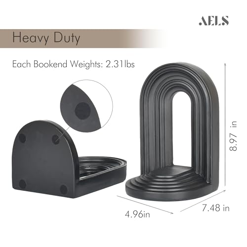 AELS Mordern Bookends, Mid Century Arch Heavy Duty Book Ends, Unique Decorative Bookend Supports for Shelves, Office Desktop Book Stand, Stopper for Books/Movies/CD, Black - color: Black, size: L - 8.9x7.4x4.9 inch