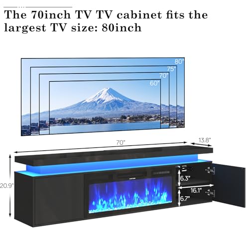 Hlivelood 70" tv Stand w/ 36" Fireplace Up to 80" TVs,High Gloss LED Fireplace TV Stand Entertainment Center for 70/75+/80 inch TV, Modern Media TV Console Cabinet for Living Room,Black - color: Black, size: 70" TV Stand with 36" Fireplace