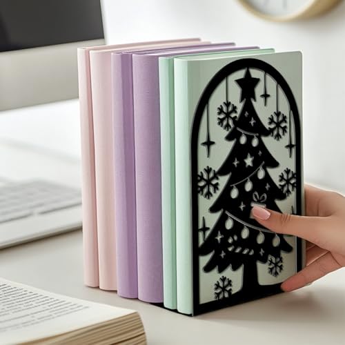 Peacoblue Metal Bookends for Shelves, Modern Decorative Heavy Duty Study Book Ends Stoppers for Office, Desk, Shelf, Room 5.3"x4.3"x7.9" Cast Iron Simple Tall Bookends 1 Pair (Christmas Tree) - style: Christmas Tree