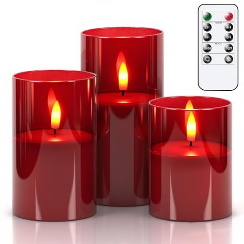 GenSwin Glass Flameless Candles with Remote Battery Operated Flickering LED Pillar Candles Real Wax 3D Wick for Wedding Festival Home Decoration(Red,Pack of 3) - color: Red