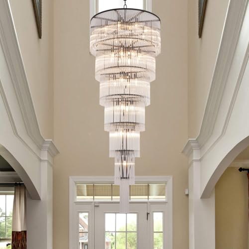 Black Glass Chandeliers for High Ceiling, 7-Tier Glass Rod Chandelier H71 Modern Foyer Entryway Ceiling Light Fixture for Staircase Living Room Entry Extra Long - size: 7-tier Black (27.5" x 71")