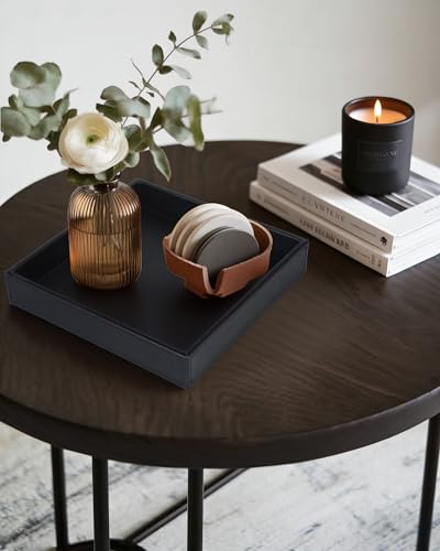 HofferRuffer Faux Leather Vanity Tray, Elegant Desktop Storage Organizer, Decorative Catchall for Perfume, Bathroom Valet, Nightstand or Dresser, 10 x 10 x 1.8 inches (Black) - color: Black, size: 10" x 10" x 1.8"
