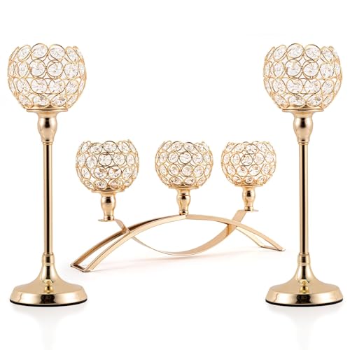 VINCIGANT Set of 3 Gold Candle Holders Wedding Table Centerpieces,Tealight Candlestick Candelabra Stand with 3 Arms for Fireplace Home Living Room Decor,Valentine's Day Housewarming - size: 1 Piece 8.3" tall & 2 Pieces 13" tall