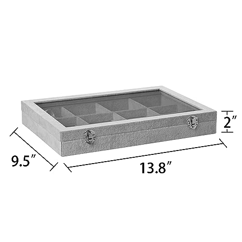 Frebeauty Velvet Jewelry Tray,12 Grid Jewelry Organizer with Clear Lid,Bracelets Holder,Jewelry Display Case with Clasp,Drawer Insert Bangle Brooch,13.8 x 9.5 x 2 Inches,Gift for Women Girls(Grey) - color: Grey, size: 12 Grid