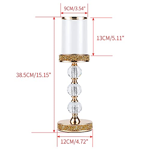 Hurricane Glass Candle Holders, Gold Pillar Candle Holders for Pillar Candle, Magnetic Glass Cover, Crystal Candlesticks Holder for Dining Coffee Table, Wedding,Events,Parties, Home Decor - size: 3 crystal balls