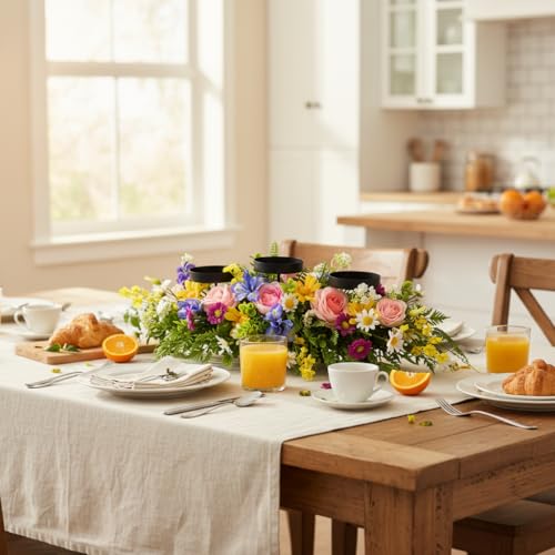 Spring Summer Centerpiece with 3 Candle Holders, 24 Inch Colorful Artificial Wildflower Arrangement with Roses, Daisies, and Irises, Ideal for Farmhouse and Country Style Table Decorations