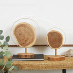 Deco 79 Wood Abstract Handmade Decorative Sculpture Live Edge Slab Home Decor Statues with Gold Metal Rings, Set of 2 Accent Figurines 14", 11"H, Brown - size: 14", 11"H