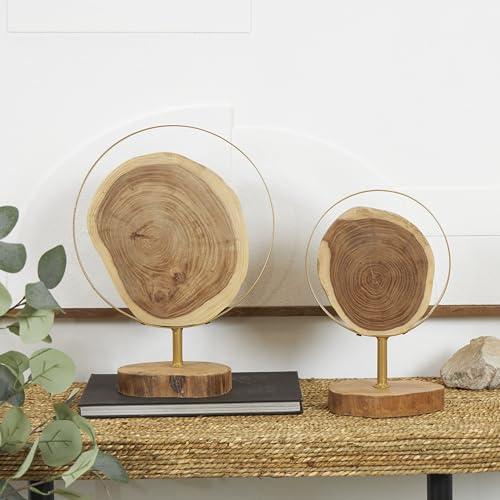 Deco 79 Wood Abstract Handmade Decorative Sculpture Live Edge Slab Home Decor Statues with Gold Metal Rings, Set of 2 Accent Figurines 14", 11"H, Brown - size: 14", 11"H