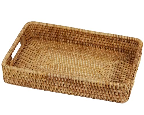 Rattan Serving Tray, Rectangle Coffee Table Tray with Handles, Decorative Ottoman Tea Tray Wicker Basket for Coffee, Bread, Fruits, Snacks, Breakfast, Drinks, Table Decor - size: 14.5" x 9.2" x 2.6"
