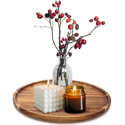 Acacia Round Wood Tray Decorative Serving Trays for Ottoman Coffee Table Candle Holder Tray Kitchen Counter Island Accents Home Decor Circle Circular Wood Centerpiece Trays for Dining Room Table - color: Acacia Wood, size: 12"