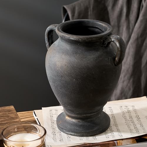 PORCER Ceramic Rustic Flower Vase with Handles, 8.36 Inch Tall Vintage Pottery Home Decor, Farmhouse Terracotta Vase for Living Room, Table, Shelf, Mantel Decoration, Farmhouse- Black Bronze - color: Black Bronze- 8.36"