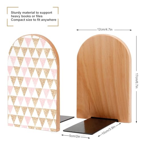 Wooden Bookends 2 Pcs,Abstract Gold and Pink Triangles Heavy Duty Office Book Ends Anti Slip Book Shelf Holder with Metal Base Decorative Book Stands - color: Abstract Gold and Pink Triangles