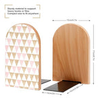 Wooden Bookends 2 Pcs,Abstract Gold and Pink Triangles Heavy Duty Office Book Ends Anti Slip Book Shelf Holder with Metal Base Decorative Book Stands - color: Abstract Gold and Pink Triangles