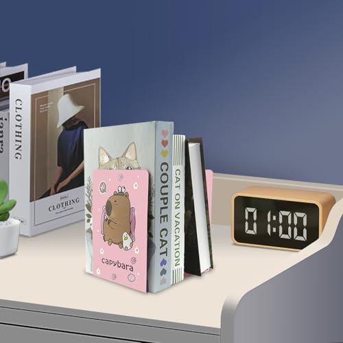 Capybara Bookends Pink, L-Shaped Cute Animal Bookend Holder for Shelves, Kawaii Desk Decor for Kids Room, Girls Bedroom, Office and School Supplies (1 Pair)