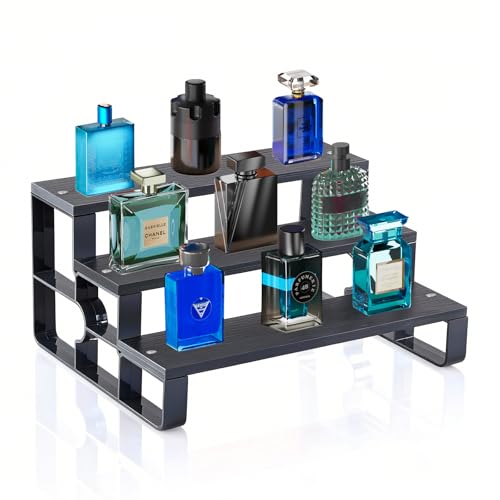 Wood Perfume Organizer for Dresser,3 Tier Black Cologne Stand,Cologne Organizer for Men,Wooden Display Risers Stand for Bathroom,Makeup,Cupcake,Bedroom Decor(Black,Width=11.2") - color: Black, size: 3 Tiers-width=11.2"