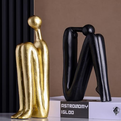 Modern Decorative Bookends,Gold and Black Book Ends for Heavy Books,Thinker Statue Decor,Book Holders for Book Shelves,Unique Office Desk Decorations, Bookshelf Decoration - color: Black and Gold
