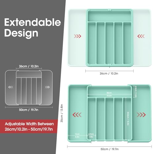 Aujen Silverware Organizer - Expandable Kitchen Drawer Organizer, Adjustable Utensil Organizer, Cutlery Tray for Forks, Knives, Multipurpose Kitchen Organizers and Storage Solution, Green, Large - color: Green, size: Large