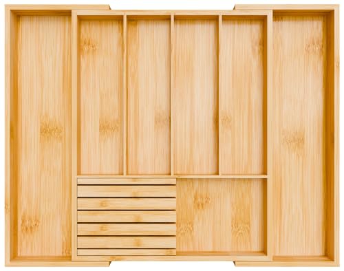Bamboo Kitchen Silverware Drawer Organizer - Expandable Wood Utensil Holder with Dividers, Luxury Cutlery Storage Tray for Kitchen Utensil and Flatware (5-7 Slots with Removable Knife Block, Natural) - color: Natural