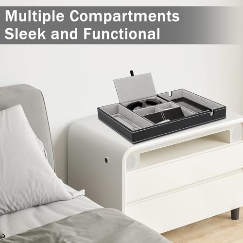 Baoyun Nightstand Organizer Tray,Leather Valet Tray for Men,EDC Catchall with Phone Charging Station,Dresser Top Organizer, 6 Compartments Entryway Box for Wallet, Keys, (Black) - color: Black